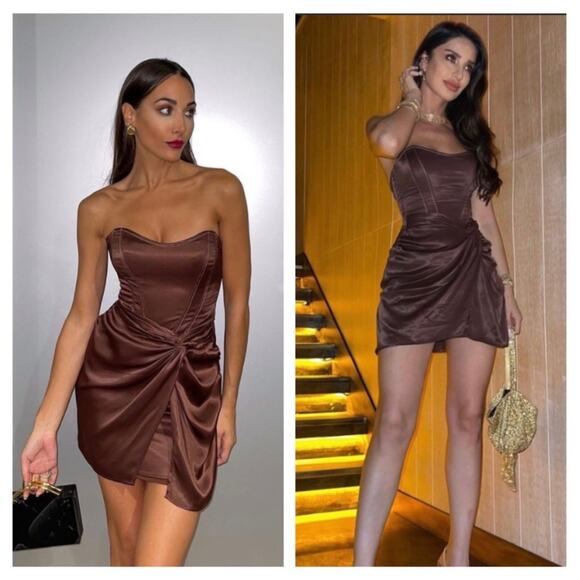 Zara Brown TopStitch Strapless Satin Draped Mini Dress Size Large Corset Bustier - Picture 11 of 15